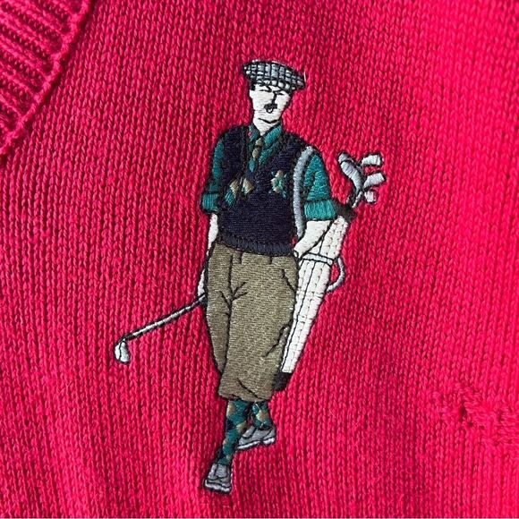 Isle of Cotton Vintage 80s 90s Mens M Golf Sweater Red V-Neck 100% Cotton Retro - Picture 3 of 12